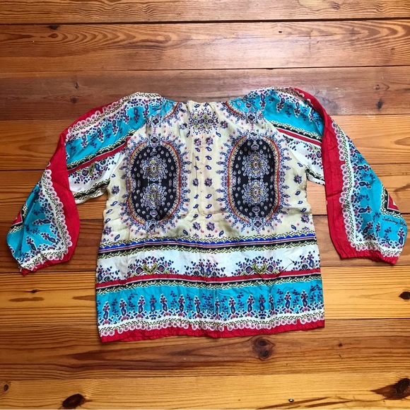 Johnny Was Sundance Red Blue Beige Silk 3/4 Peasant Top, EUC, S - Picture 6 of 12